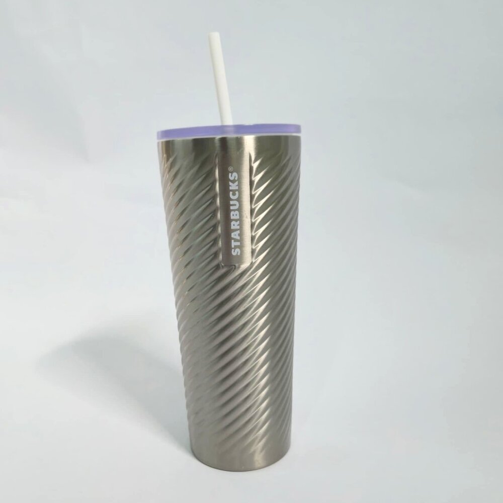 Starbucks Stainless Steel Silver Swirl Ribbed Silver 24oz Insulated Tumbler Cup